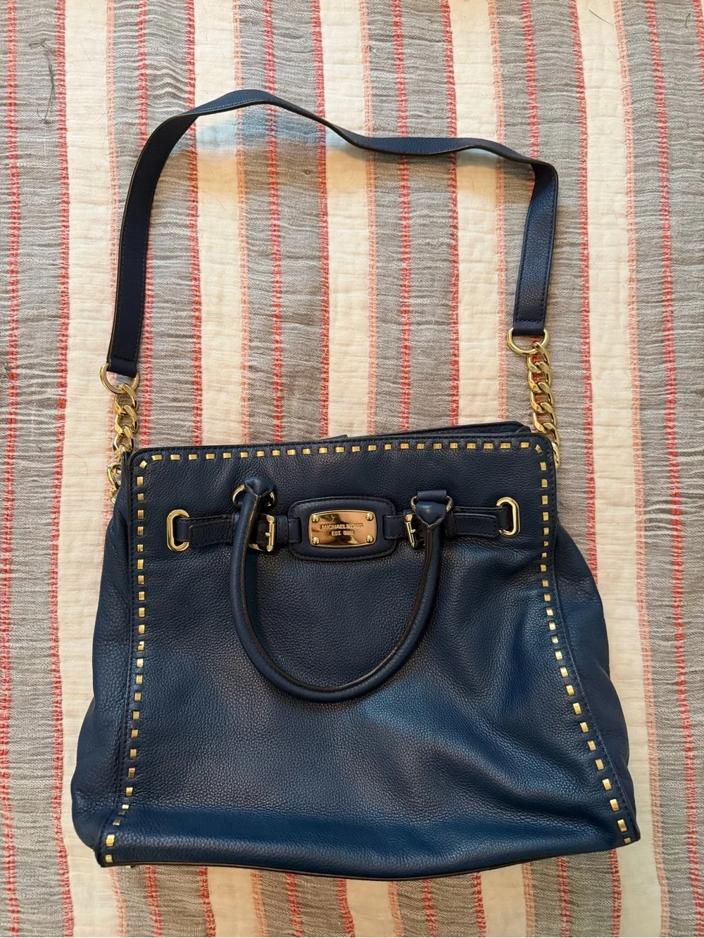 Michael Kors Navy Leather Tote with Gold Chain Trim